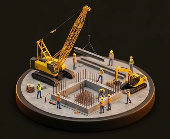 Maqueta isométrica de una obra en construcción: grúa, cimentación con varilla y cuadrilla de trabajadores.